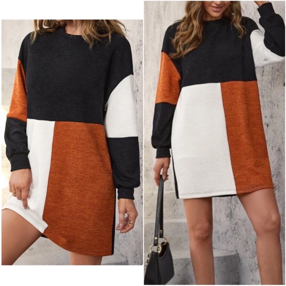Cozy Loose Fit Color Block Sweater Dress S M L 1X 2X 3X 4X